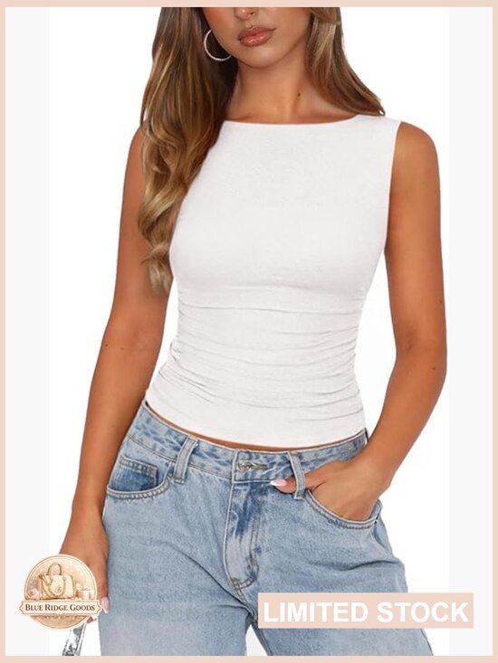 Tops - Women's Boat Neck Mesh Tank Top Ruched Double Lined Sleeveless Crop Top Y2k